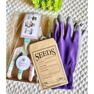 New Gardening Gift Set w/ Hand Rake, Seed Envelopes, Purple Gloves